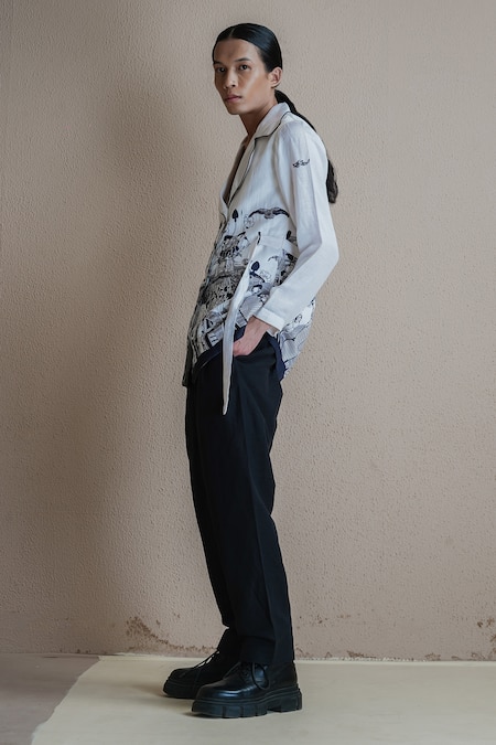 Anurag Gupta White Denim Collared Printed Coat And Pant Set at Aza Fashions Anurag Gupta_White Denim Collared Printed Coat And Pant Set _at_Aza_Fashions