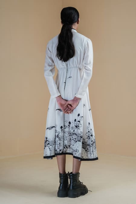 Shop Anurag Gupta White Denim, Silk High Neck Long Printed Dress at Aza Fashions Shop_Anurag Gupta_White Denim, Silk High Neck Long Printed Dress _at_Aza_Fashions