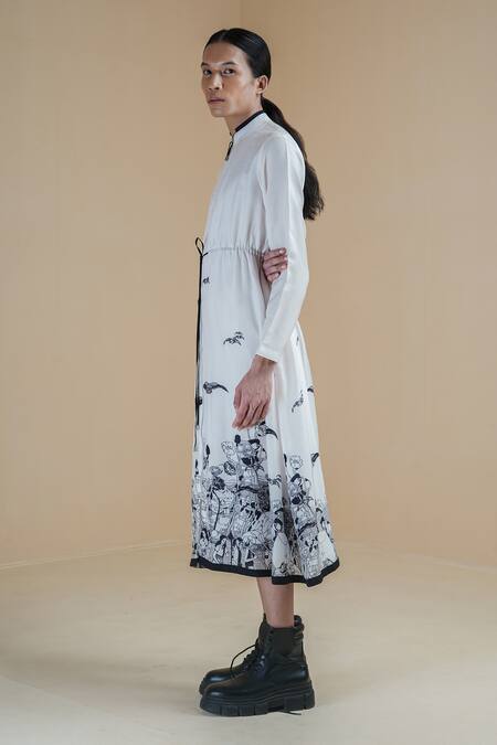 Shop Anurag Gupta White Denim, Silk High Neck Long Printed Dress Online at Aza Fashions Shop_Anurag Gupta_White Denim, Silk High Neck Long Printed Dress _Online_at_Aza_Fashions