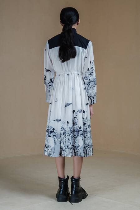 Shop Anurag Gupta White Denim, Silk Turtle Neck Printed Jacket Dress at Aza Fashions Shop_Anurag Gupta_White Denim, Silk Turtle Neck Printed Jacket Dress _at_Aza_Fashions