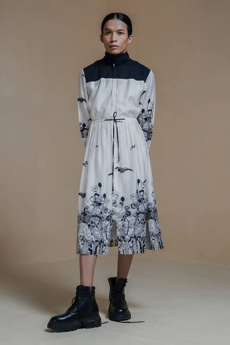 Buy Anurag Gupta White Denim, Silk Turtle Neck Printed Jacket Dress Online at Aza Fashions Buy_Anurag Gupta_White Denim, Silk Turtle Neck Printed Jacket Dress _Online_at_Aza_Fashions