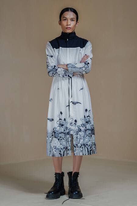 Shop Anurag Gupta White Denim, Silk Turtle Neck Printed Jacket Dress Online at Aza Fashions Shop_Anurag Gupta_White Denim, Silk Turtle Neck Printed Jacket Dress _Online_at_Aza_Fashions