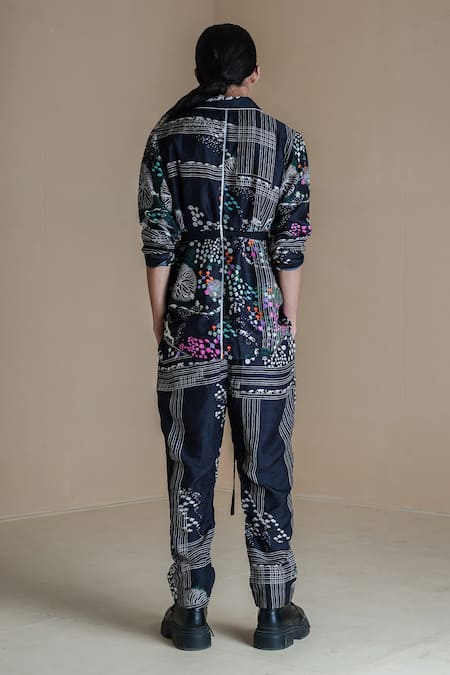 Shop Anurag Gupta Black Denim, Silk Collared Evolution Printed Coat And Pant Set at Aza Fashions Shop_Anurag Gupta_Black Denim, Silk Collared Evolution Printed Coat And Pant Set _at_Aza_Fashions