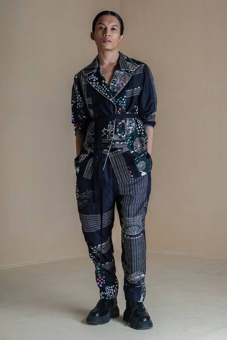 Anurag Gupta Black Denim, Silk Collared Evolution Printed Coat And Pant Set Online at Aza Fashions Anurag Gupta_Black Denim, Silk Collared Evolution Printed Coat And Pant Set _Online_at_Aza_Fashions