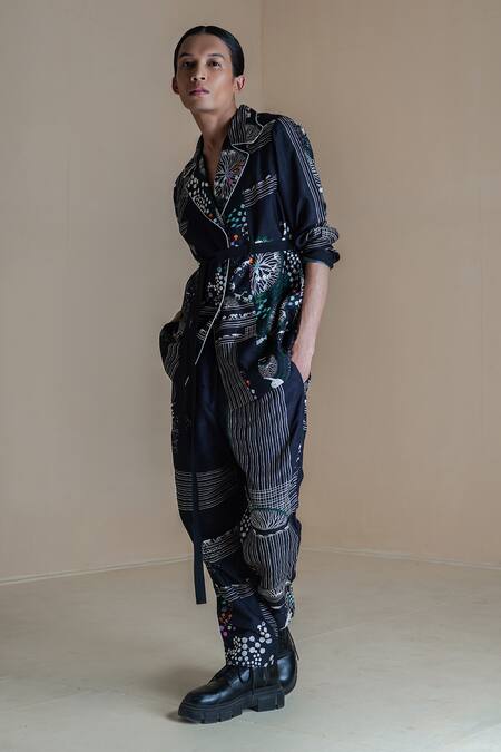 Buy Anurag Gupta Black Denim, Silk Collared Evolution Printed Coat And Pant Set Online at Aza Fashions Buy_Anurag Gupta_Black Denim, Silk Collared Evolution Printed Coat And Pant Set _Online_at_Aza_Fashions