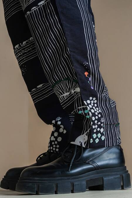 Shop Anurag Gupta Black Denim, Silk Collared Evolution Printed Coat And Pant Set Online at Aza Fashions Shop_Anurag Gupta_Black Denim, Silk Collared Evolution Printed Coat And Pant Set _Online_at_Aza_Fashions