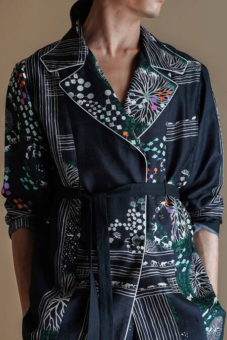 Anurag Gupta Black Denim, Silk Collared Evolution Printed Coat And Pant Set at Aza Fashions Anurag Gupta_Black Denim, Silk Collared Evolution Printed Coat And Pant Set _at_Aza_Fashions