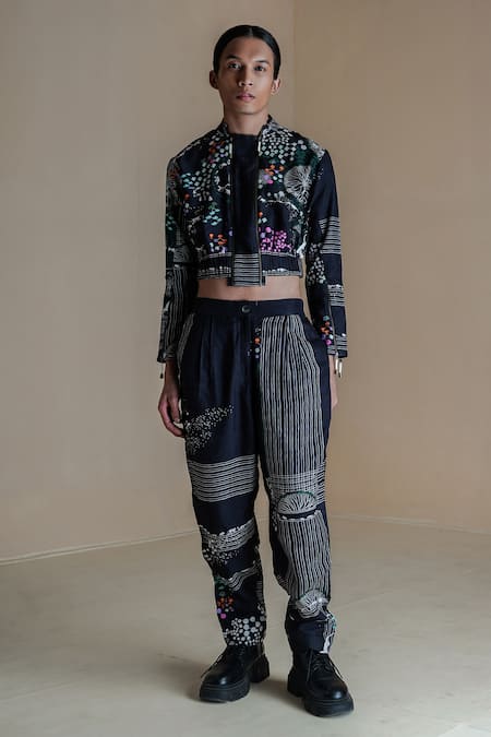 Anurag Gupta Black Dola Silk Printed Evolution Germ Double Zip Jacket And Pant Set  