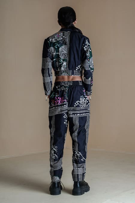 Shop Anurag Gupta Black Silk Embroidery High Evolution Germ Print Double Zip Jacket And Pant Set at Aza Fashions Shop_Anurag Gupta_Black Silk Embroidery High Evolution Germ Print Double Zip Jacket And Pant Set _at_Aza_Fashions