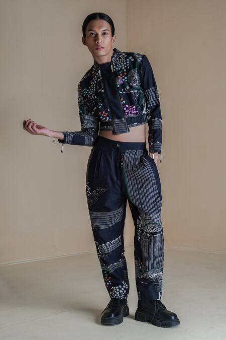 Anurag Gupta Black Silk Embroidery High Evolution Germ Print Double Zip Jacket And Pant Set Online at Aza Fashions Anurag Gupta_Black Silk Embroidery High Evolution Germ Print Double Zip Jacket And Pant Set _Online_at_Aza_Fashions