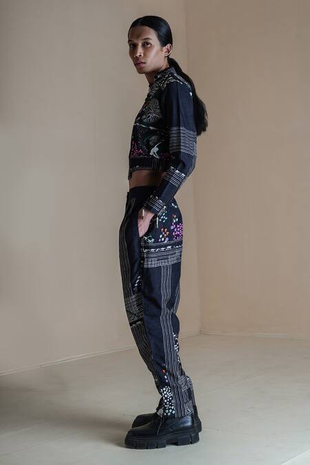 Shop Anurag Gupta Black Silk Embroidery High Evolution Germ Print Double Zip Jacket And Pant Set Online at Aza Fashions Shop_Anurag Gupta_Black Silk Embroidery High Evolution Germ Print Double Zip Jacket And Pant Set _Online_at_Aza_Fashions