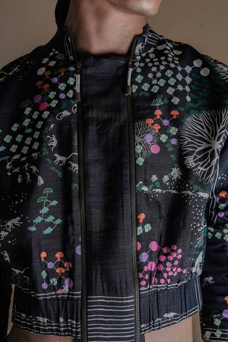 Anurag Gupta Black Silk Embroidery High Evolution Germ Print Double Zip Jacket And Pant Set at Aza Fashions Anurag Gupta_Black Silk Embroidery High Evolution Germ Print Double Zip Jacket And Pant Set _at_Aza_Fashions