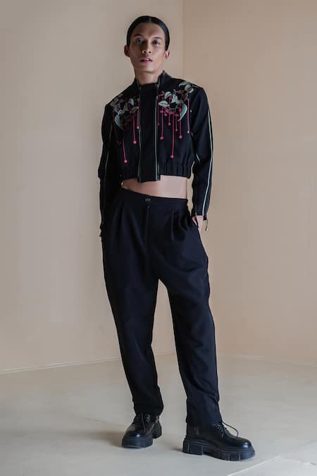 Anurag Gupta Black Banana Crepe Printed Floral High Collar Bomber Jacket And Pant Set  