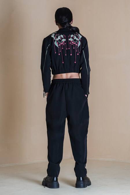 Anurag Gupta Black Banana Crepe Printed Floral High Collar Bomber Jacket And Pant Set   2