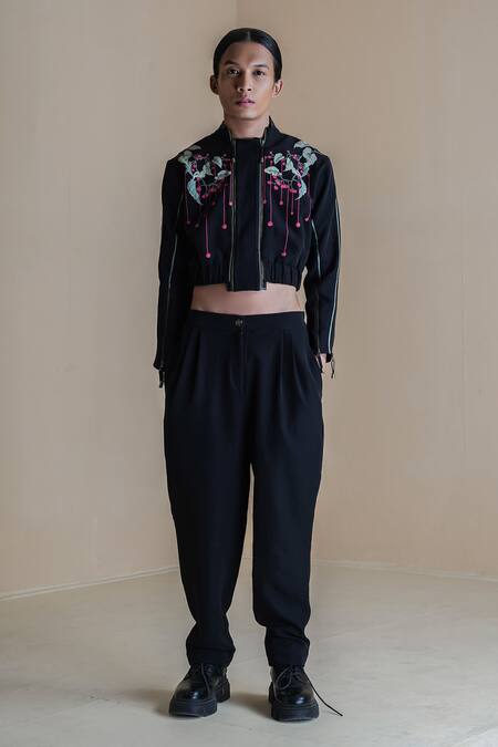 Anurag Gupta Black Banana Crepe Printed Floral High Collar Bomber Jacket And Pant Set   5