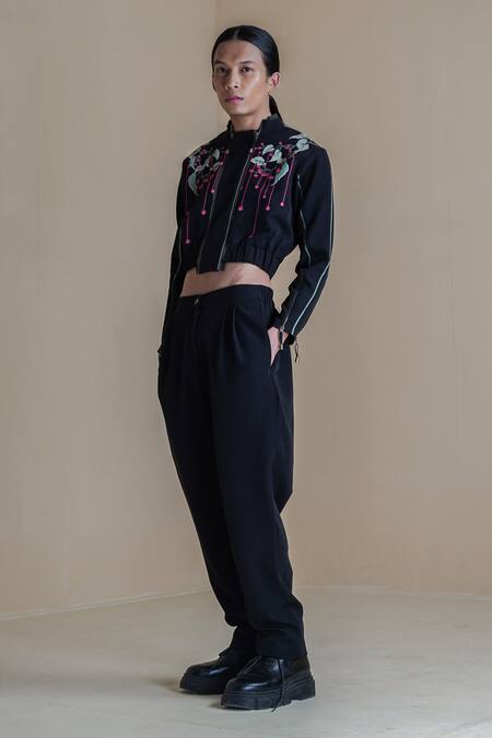 Anurag Gupta Black Banana Crepe Printed Floral High Collar Bomber Jacket And Pant Set   6