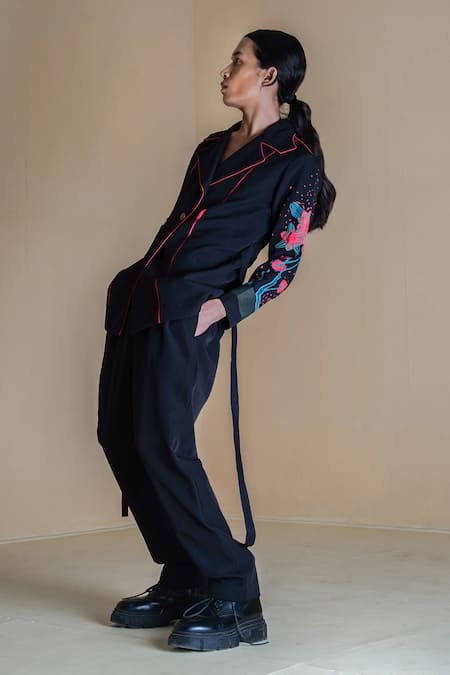 Shop Anurag Gupta Black Crepe Collared Floral Printed Sleeve Coat And Pant Set at Aza Fashions Shop_Anurag Gupta_Black Crepe Collared Floral Printed Sleeve Coat And Pant Set _at_Aza_Fashions
