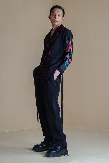 Anurag Gupta Black Crepe Collared Floral Printed Sleeve Coat And Pant Set Online at Aza Fashions Anurag Gupta_Black Crepe Collared Floral Printed Sleeve Coat And Pant Set _Online_at_Aza_Fashions