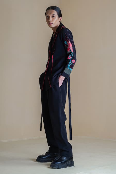 Shop Anurag Gupta Black Crepe Collared Floral Printed Sleeve Coat And Pant Set Online at Aza Fashions Shop_Anurag Gupta_Black Crepe Collared Floral Printed Sleeve Coat And Pant Set _Online_at_Aza_Fashions