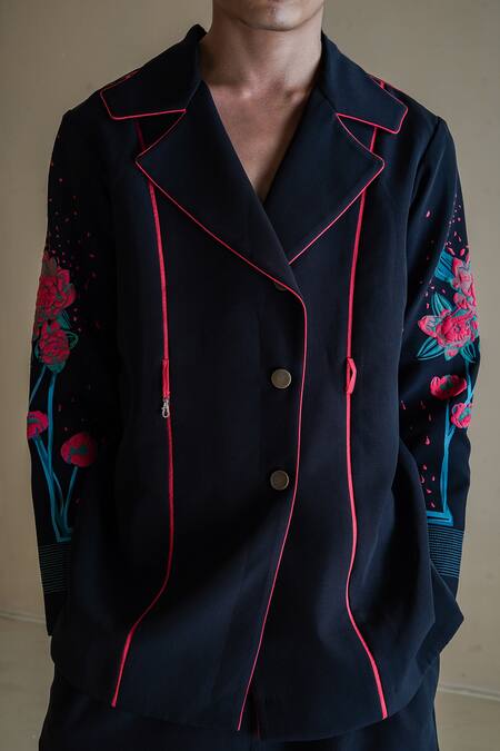 Anurag Gupta Black Crepe Collared Floral Printed Sleeve Coat And Pant Set at Aza Fashions Anurag Gupta_Black Crepe Collared Floral Printed Sleeve Coat And Pant Set _at_Aza_Fashions