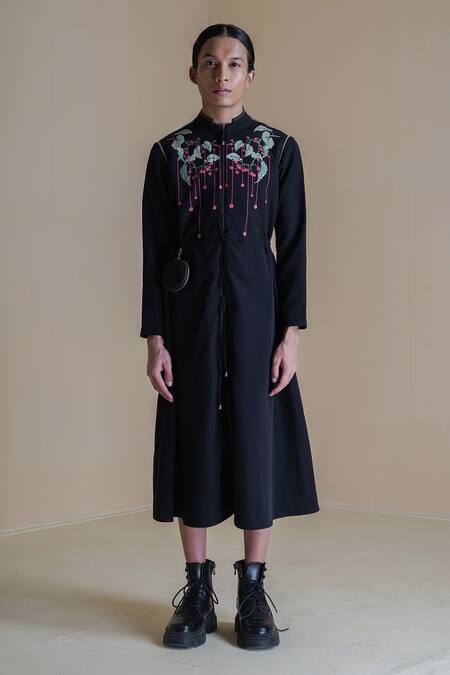 Anurag Gupta Black Crepe Embroidery High Neck Floral Print Zipper Dress Online at Aza Fashions Anurag Gupta_Black Crepe Embroidery High Neck Floral Print Zipper Dress _Online_at_Aza_Fashions