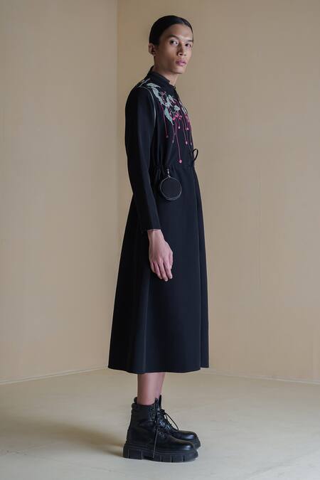 Shop Anurag Gupta Black Crepe Embroidery High Neck Floral Print Zipper Dress Online at Aza Fashions Shop_Anurag Gupta_Black Crepe Embroidery High Neck Floral Print Zipper Dress _Online_at_Aza_Fashions