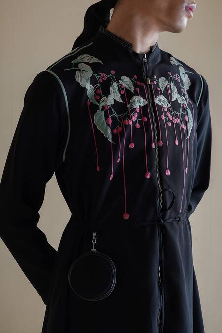 Anurag Gupta Black Crepe Embroidery High Neck Floral Print Zipper Dress at Aza Fashions Anurag Gupta_Black Crepe Embroidery High Neck Floral Print Zipper Dress _at_Aza_Fashions