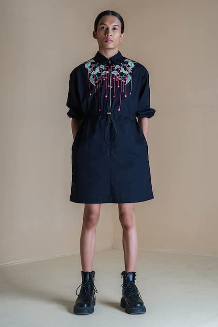 Anurag Gupta_Black Poplin Embroidery Collared Floral Print Short Dress _Online_at_Aza_Fashions