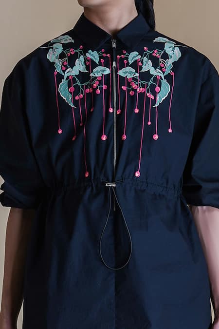 Buy_Anurag Gupta_Black Poplin Embroidery Collared Floral Print Short Dress _Online_at_Aza_Fashions