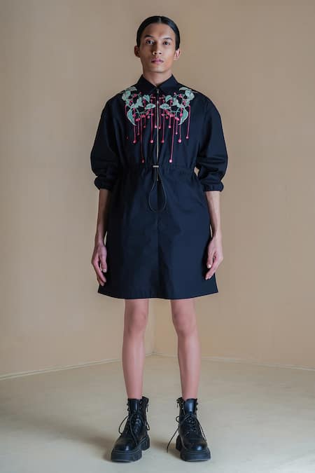 Shop_Anurag Gupta_Black Poplin Embroidery Collared Floral Print Short Dress _Online_at_Aza_Fashions