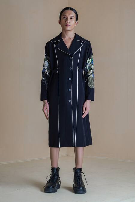 Anurag Gupta_Black Crepe Embroidery Collared Germ Print Coat Dress _Online_at_Aza_Fashions