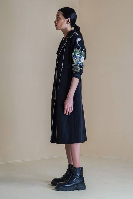Buy_Anurag Gupta_Black Crepe Embroidery Collared Germ Print Coat Dress _Online_at_Aza_Fashions