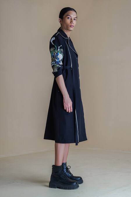 Shop_Anurag Gupta_Black Crepe Embroidery Collared Germ Print Coat Dress _Online_at_Aza_Fashions