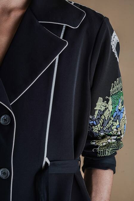 Anurag Gupta_Black Crepe Embroidery Collared Germ Print Coat Dress _at_Aza_Fashions