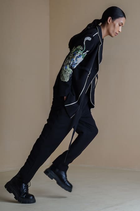 Shop Anurag Gupta Black Crepe Collared Germ Print Coat And Pant Set Online at Aza Fashions Shop_Anurag Gupta_Black Crepe Collared Germ Print Coat And Pant Set _Online_at_Aza_Fashions