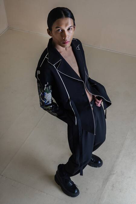 Anurag Gupta Black Crepe Collared Germ Print Coat And Pant Set at Aza Fashions Anurag Gupta_Black Crepe Collared Germ Print Coat And Pant Set _at_Aza_Fashions