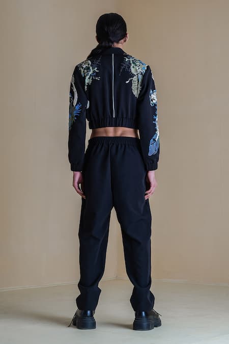 Shop Anurag Gupta Black Crepe Embroidery High Neck Germ Print Double Zip Jacket And Pant Set at Aza Fashions Shop_Anurag Gupta_Black Crepe Embroidery High Neck Germ Print Double Zip Jacket And Pant Set _at_Aza_Fashions