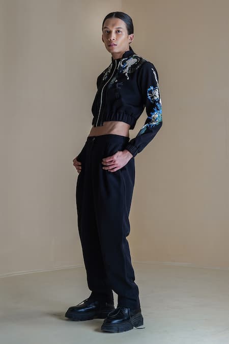 Anurag Gupta Black Crepe Embroidery High Neck Germ Print Double Zip Jacket And Pant Set Online at Aza Fashions Anurag Gupta_Black Crepe Embroidery High Neck Germ Print Double Zip Jacket And Pant Set _Online_at_Aza_Fashions