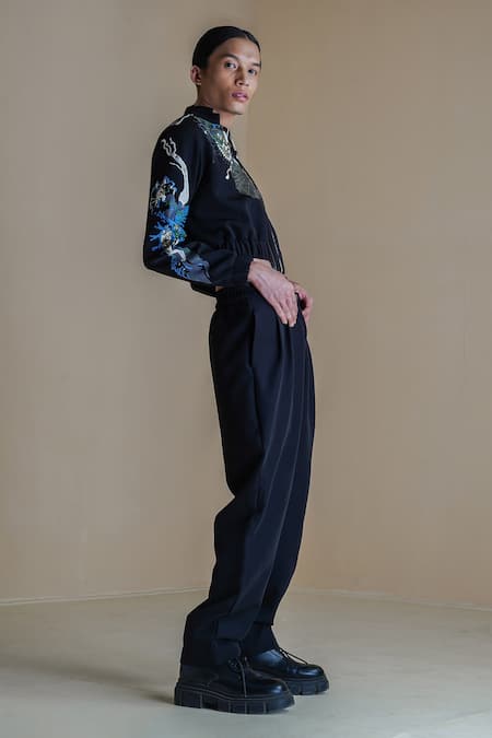 Buy Anurag Gupta Black Crepe Embroidery High Neck Germ Print Double Zip Jacket And Pant Set Online at Aza Fashions Buy_Anurag Gupta_Black Crepe Embroidery High Neck Germ Print Double Zip Jacket And Pant Set _Online_at_Aza_Fashions