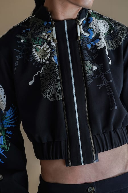 Anurag Gupta Black Crepe Embroidery High Neck Germ Print Double Zip Jacket And Pant Set at Aza Fashions Anurag Gupta_Black Crepe Embroidery High Neck Germ Print Double Zip Jacket And Pant Set _at_Aza_Fashions