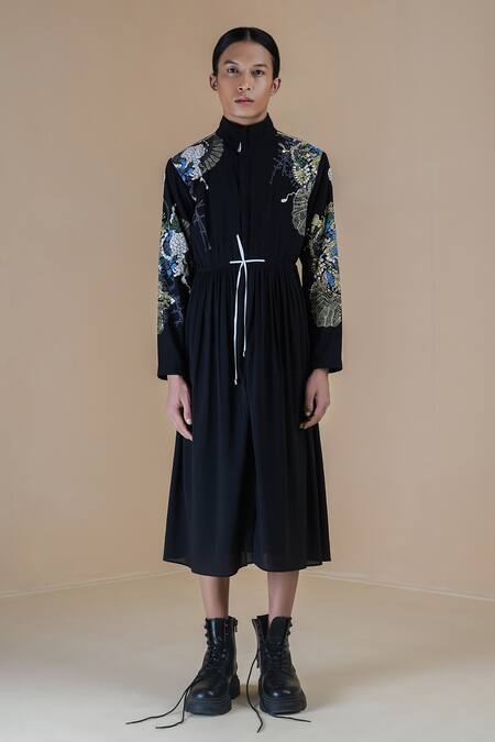 Anurag Gupta Black Georgette Embroidery High Neck Germ Print Zipper Midi Dress Online at Aza Fashions Anurag Gupta_Black Georgette Embroidery High Neck Germ Print Zipper Midi Dress _Online_at_Aza_Fashions