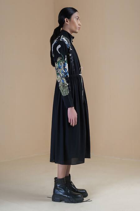 Buy Anurag Gupta Black Georgette Embroidery High Neck Germ Print Zipper Midi Dress Online at Aza Fashions Buy_Anurag Gupta_Black Georgette Embroidery High Neck Germ Print Zipper Midi Dress _Online_at_Aza_Fashions