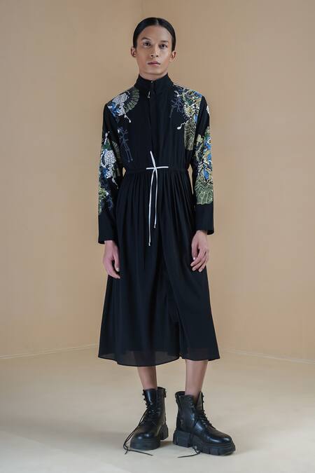 Shop Anurag Gupta Black Georgette Embroidery High Neck Germ Print Zipper Midi Dress Online at Aza Fashions Shop_Anurag Gupta_Black Georgette Embroidery High Neck Germ Print Zipper Midi Dress _Online_at_Aza_Fashions