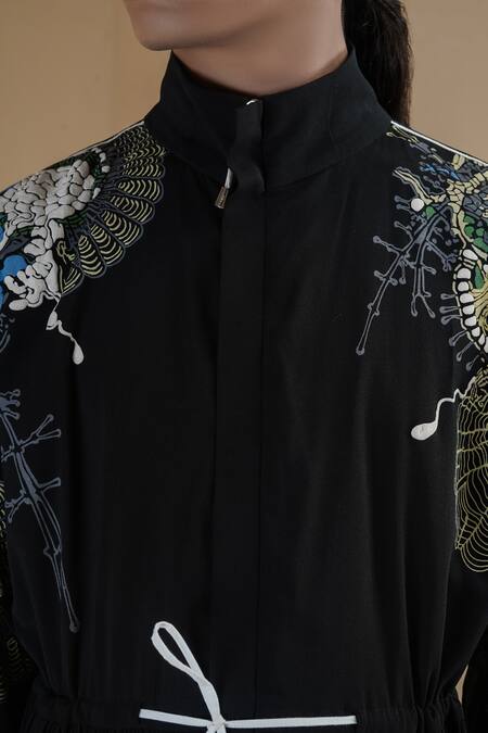 Buy Anurag Gupta Black Georgette Embroidery High Neck Germ Print Zipper Midi Dress Buy_Anurag Gupta_Black Georgette Embroidery High Neck Germ Print Zipper Midi Dress