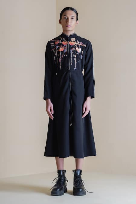 Shop Anurag Gupta Black Crepe Embroidery High Neck Floral Print Midi Dress at Aza Fashions Shop_Anurag Gupta_Black Crepe Embroidery High Neck Floral Print Midi Dress _at_Aza_Fashions