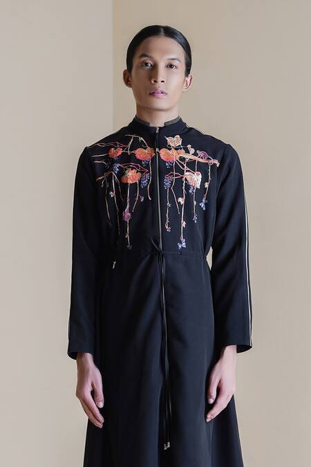 Anurag Gupta Black Crepe Embroidery High Neck Floral Print Midi Dress Online at Aza Fashions Anurag Gupta_Black Crepe Embroidery High Neck Floral Print Midi Dress _Online_at_Aza_Fashions