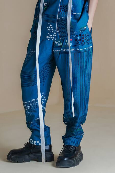 Anurag Gupta Blue Denim Embroidery Evolution Printed Coat And Pant Set Online at Aza Fashions Anurag Gupta_Blue Denim Embroidery Evolution Printed Coat And Pant Set _Online_at_Aza_Fashions