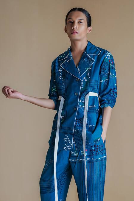 Buy Anurag Gupta Blue Denim Embroidery Evolution Printed Coat And Pant Set Online at Aza Fashions Buy_Anurag Gupta_Blue Denim Embroidery Evolution Printed Coat And Pant Set _Online_at_Aza_Fashions