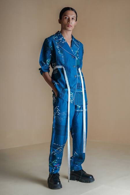 Shop Anurag Gupta Blue Denim Embroidery Evolution Printed Coat And Pant Set Online at Aza Fashions Shop_Anurag Gupta_Blue Denim Embroidery Evolution Printed Coat And Pant Set _Online_at_Aza_Fashions