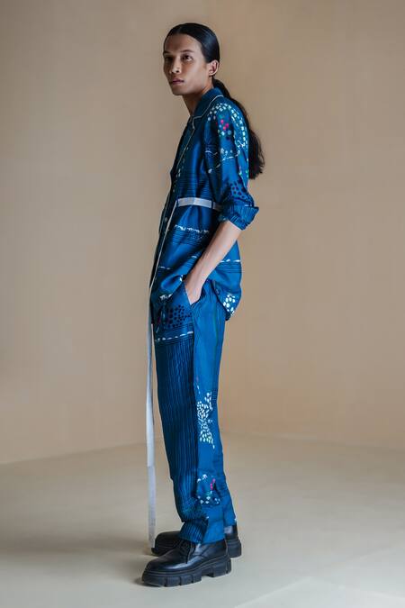 Anurag Gupta Blue Denim Embroidery Evolution Printed Coat And Pant Set at Aza Fashions Anurag Gupta_Blue Denim Embroidery Evolution Printed Coat And Pant Set _at_Aza_Fashions